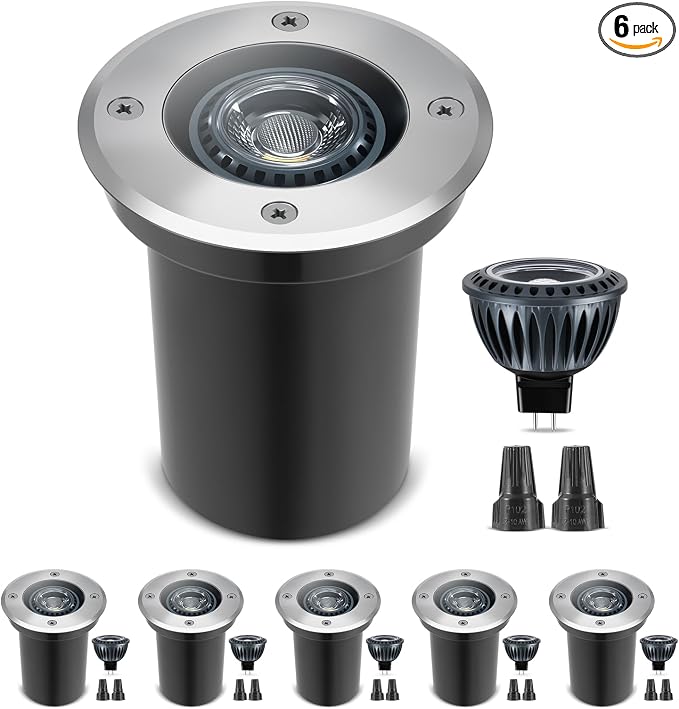Gardencoin Low Voltage Landscape LED Well Lights, 12V in Ground Lights Outdoor IP67 Waterproof, 5" Tall Wired Landscape Up Lighting, Included Replaceable 5W 2700K MR16 Bulb Dimmable, 6 Pack