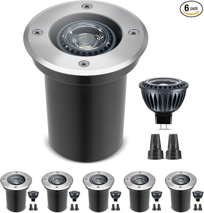 Gardencoin Low Voltage Landscape LED Well Lights, 12V in Ground Lights Outdoor IP67 Waterproof, 5" Tall Wired Landscape Up Lighting, Included Replaceable 5W 2700K MR16 Bulb Dimmable, 6 Pack