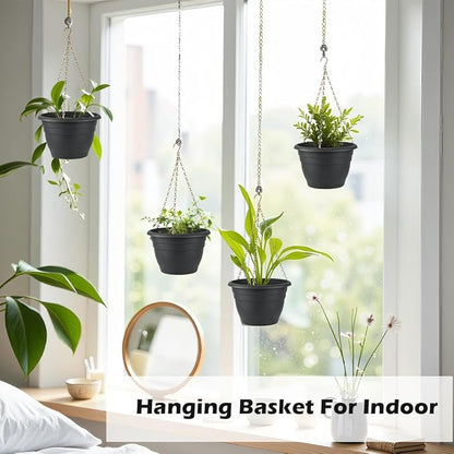 RooTrimmer Hanging Planters 10 Inch, 4 Pcs Flower Pots with Drainage Hole, Self Watering Hanging Basket for Indoor Outdoor Plants, Decor, Gray