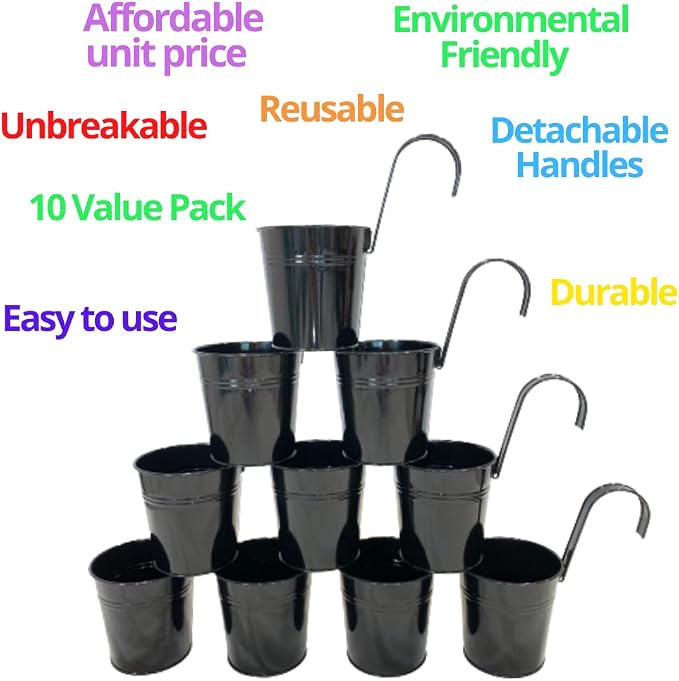 LaLaGreen Railing Planter 10 Pack, 6 Inch Hanging Flower Pot Black, Outdoor Large Metal Iron Fence Bucket, Balcony Garden Wall Deck Porch Patio Rail Decor Hanger Hook Farmhouse Balcony 6'''' (15cm) | Balcony railing planters for apartment, patio, porch...