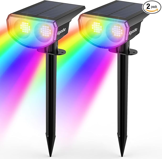 Kyosho Outdoor Solar RGBW Color Spot Lights, 38 LEDs Waterproof Solar Spotlight with 9 Lighting Modes, Multicolor Christmas Halloween Decor Lights for Tree Pool Yard Pathway, 2 Pack