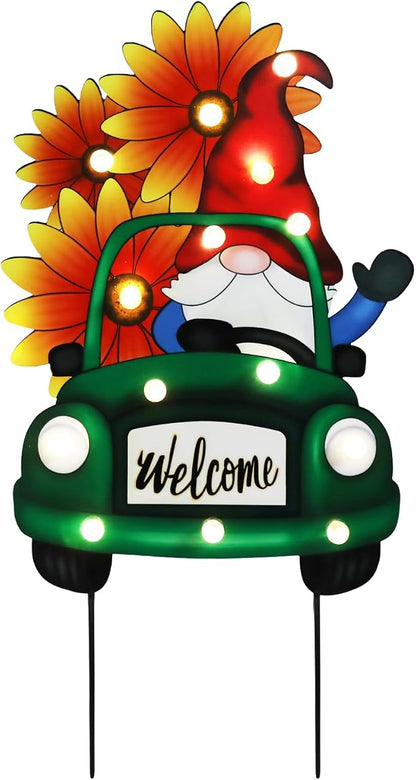 WONDER GARDEN Sunflower Yard Sign Decoration, 22.4" Metal Gnome Truck with LED Lighted, Outdoor Summer Garden Welcome Sign Stake, Outdoor Spring Truck Yard Decoration, Gift for Mom