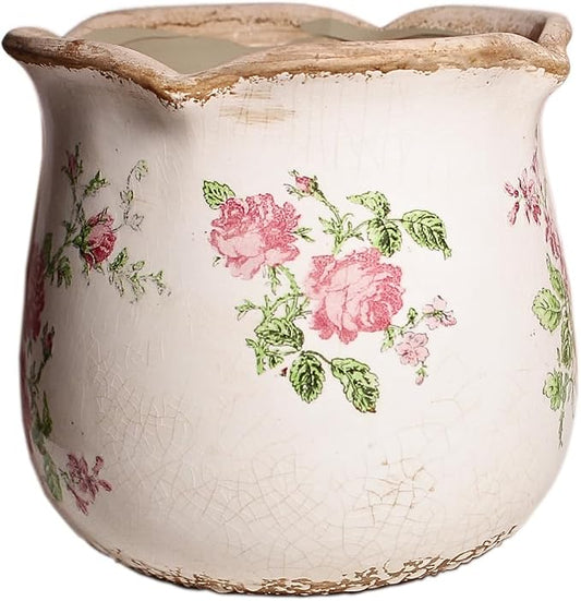 Xiaan Jiaju Shabby Chic Flower Pot, 6.11 Inch Ceramic Planter with Drainage for Indoor Plants, Vintage Ceramic Vase, Country Chic Spring Garden Home Decor, Pink Rose Floral