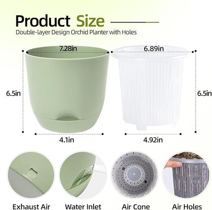QCQHDU 7.2Inch Orchid Pots with Holes for Repotting, Double-Layer Plastic Self Watering Flower Pots for Indoor Plants with Drainage Holes, Clear Orchid Pot Match Decorative Orchid Container, 1Pack