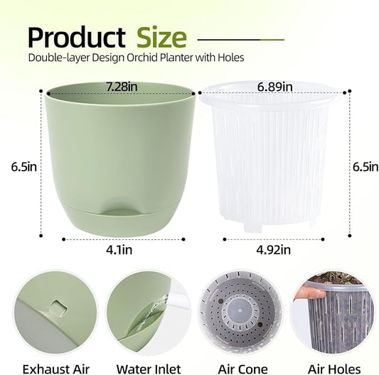 QCQHDU 7.2Inch Orchid Pots with Holes for Repotting, Double-Layer Plastic Self Watering Flower Pots for Indoor Plants with Drainage Holes, Clear Orchid Pot Match Decorative Orchid Container, 1Pack
