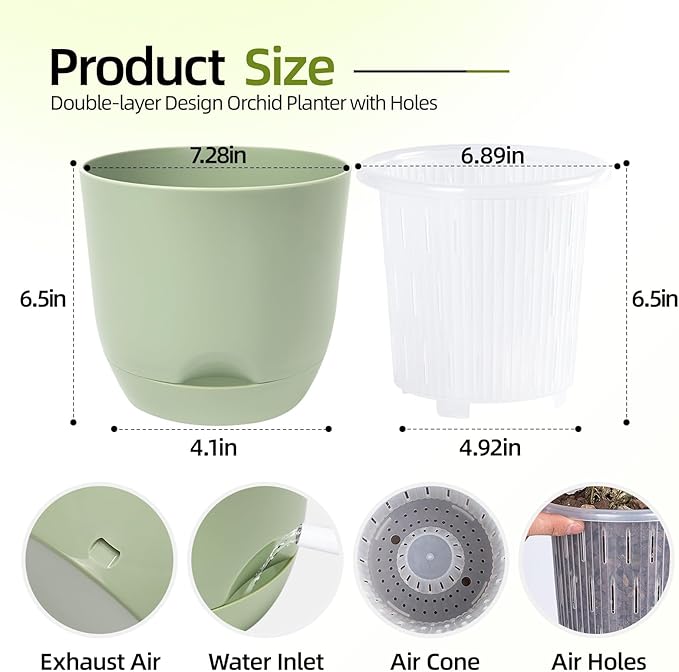QCQHDU 7.2Inch Orchid Pots with Holes for Repotting, Double-Layer Plastic Self Watering Flower Pots for Indoor Plants with Drainage Holes, Clear Orchid Pot Match Decorative Orchid Container, 3 Packs