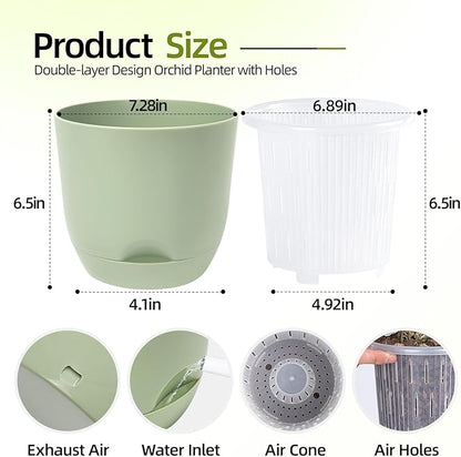 QCQHDU 7.2Inch Orchid Pots with Holes for Repotting, Double-Layer Plastic Self Watering Flower Pots for Indoor Plants with Drainage Holes, Clear Orchid Pot Match Decorative Orchid Container, 3 Packs