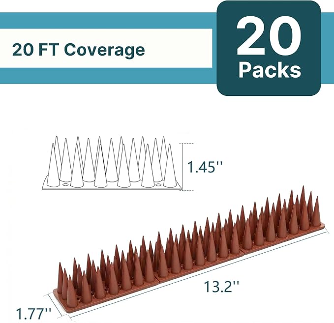 Bird & Animal Deterrent Spikes, 20 Packs Outdoor Plastic Spike Strips for Roof, Ledges, Fence, Walls & Railing, Humane Squirrel, Raccoon & Pigeon Barrier, 20 FT Coverage, Brown