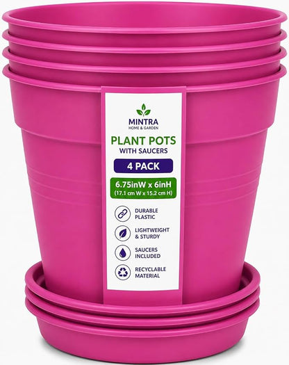 Mintra Garden Pots, 4 Pack Bulk Plastic Plant Pots with Drainage Tray, Round Indoor & Outdoor Decorative Planters with Drain Holes for Flowers, Herbs & Plants, 17cm Diameter – Fuchsia, 6.6 in