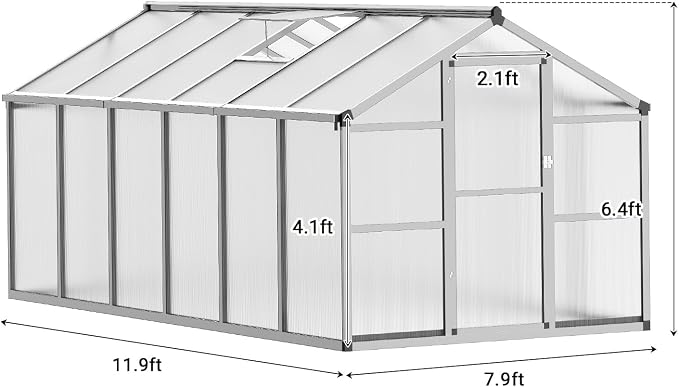 8X12 FT Greenhouse, Greenhouses for Outside, Aluminum Frame Polycarbonate Panels with Sliding Lockable Door and Ajustable Roof Vent, Spacious Walk-in Design for Backyard, Garden, Patio, Silver