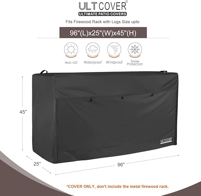 ULTCOVER Waterproof Firewood Racks Cover 8 Feet Heavy Duty Outdoor Logs Holder Stand Cover, Black