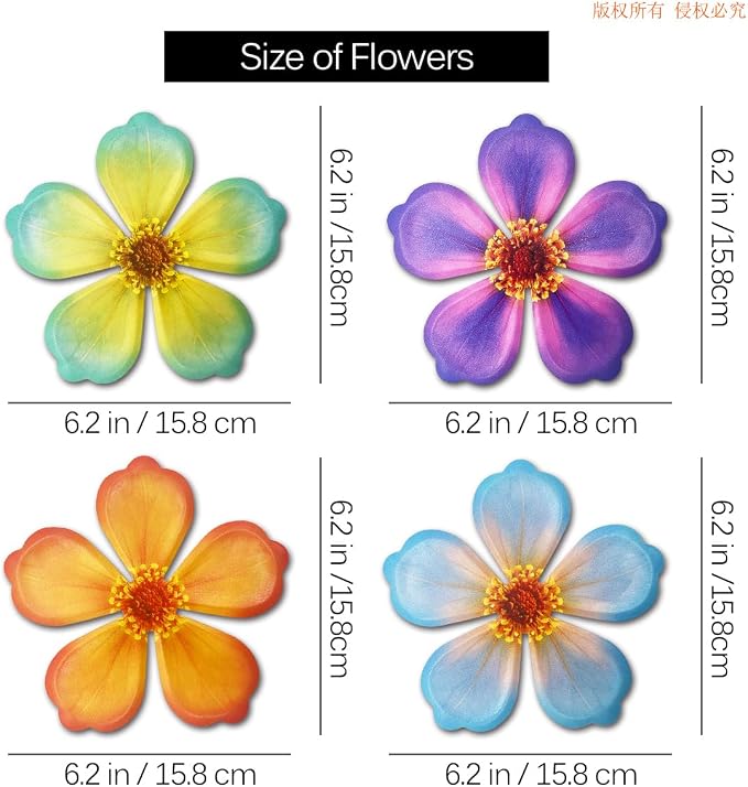 Giyyomtr Metal Flowers Wall Decor - 4pcs Metal Flower Wall Art Hanging Decorations for Outdoor Fence Garden Yard Patio Exterior Wall Decor