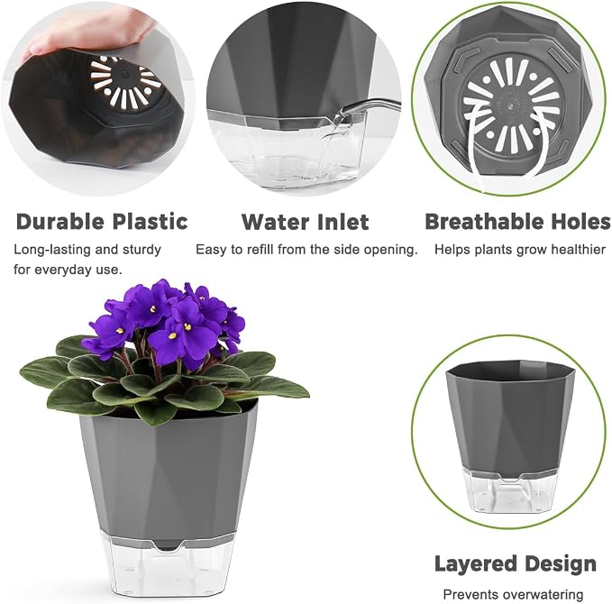 10 Pack Self Watering Pots for Indoor Plants, 6.7 Inches Self Watering Planters African Violet Pots Clear Pots for Herb Orchid Flower Houseplant, Dark Grey