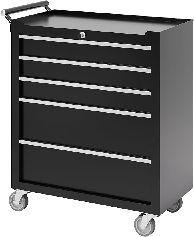 PeakPursuit 4-Drawers Rolling Tool Chest, Portable Tool Box with Wheels and Lock System, Secure Storage Cabinet for Warehouse, Workshop, and Repair Shop, Black