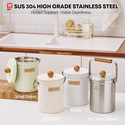 WAGENSTEIGER Kitchen Countertop Compost Bin 101ounces / 3Liters, Airtight Lid SUS304 Stainless Steel Odor-Free Food Waste Bin with Wooden Handle Stylish Design/Bathroom Trash Can (White)