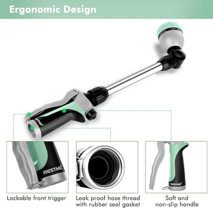 RESTMO Heavy Duty Metal Hose Wand, Watering Wand for Garden Hose | 180° Swivel Ratcheting Head, 16'' Hose Sprayer, 7 Spray Patterns, Flow Control, Ideal for Hanging Baskets & Shrubs, Cyan
