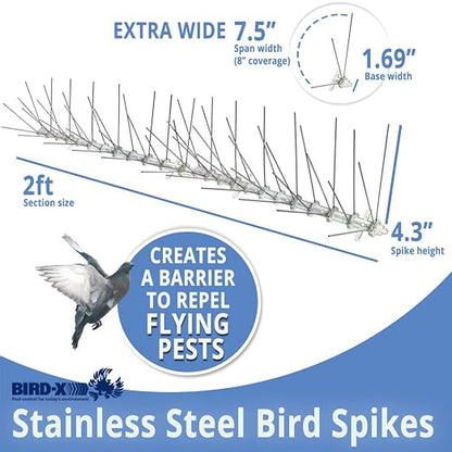 Bird-X Stainless Steel Bird Spikes, 8-inch Extra-Wide Spikes, Bird Spikes for Pigeons and Other Small Birds, Easy to Install, Contains 2 ft. Strips, Covers 50 Linear Feet Area, EWS-50