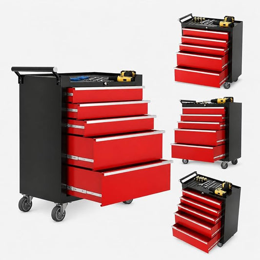 IDEALHOUSE Rolling Tool Chest, 5 Drawers Tool Storage Cabinet, Toolbox with Wheels, Portable Tool Cabinet Organizer with Locking System & Drawer Liners, Tool Storage Cart for Garage, Workshop
