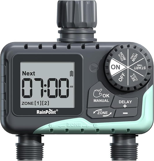 RAINPOINT Water Timer for Garden Hose - 2 Zone Sprinkler Timer with Rain Delay/Manual Watering/Automatic Irrigation for Yard Lawn