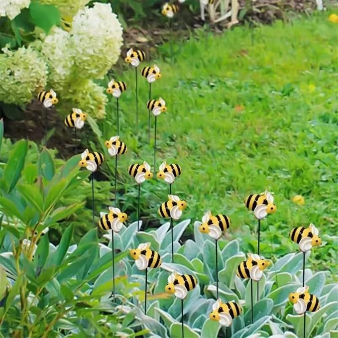 10Pcs Bee Garden Stakes Decor, Flower Pot Bed GardenDecorGarden Stakes Decorative, Metal Yard Art Ornaments,Outdoor Lawn Pathway Patio Plant Pot Flower Bed Decorative Stakes, (10Pcs)