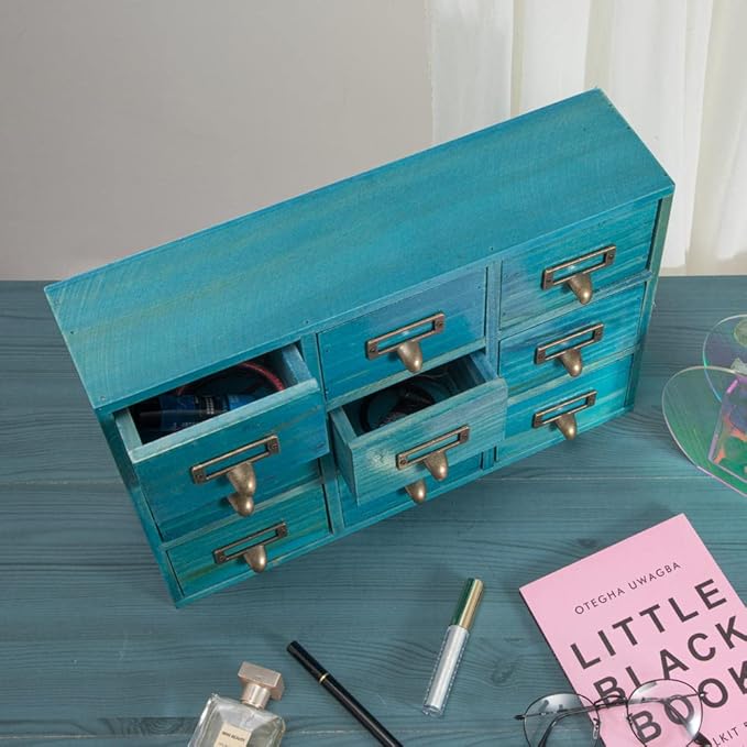 Apothecary Drawers Apothecary Cabinet with Drawers, Blue | 9 Drawer Library Card Catalog, Wooden Storage Box, Wooden Desktop Organizer with Metal Handles-Fulled Assembled