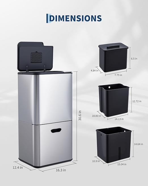 GarveeHome 16 Gallon Dual Trash Can for Kitchen, 2 Compartment Stainless Steel Garbage Can, 33L+28L Kitchen Recycling Bin with Compost Caddy, Removable Inner Bucket & Odor Control, Silver
