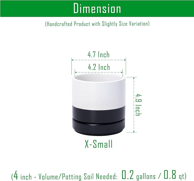 D'vine Dev 4.7 Inch Ceramic Planter Pot, Black White Two Tone, 94-O-B-L | Modern Cylinder Design, Drainage Hole & Saucer Included, Stable Structure, Elegant Home Accent