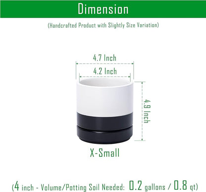 D'vine Dev 4.7 Inch Ceramic Planter Pot, Black White Two Tone, 94-O-B-L | Modern Cylinder Design, Drainage Hole & Saucer Included, Stable Structure, Elegant Home Accent