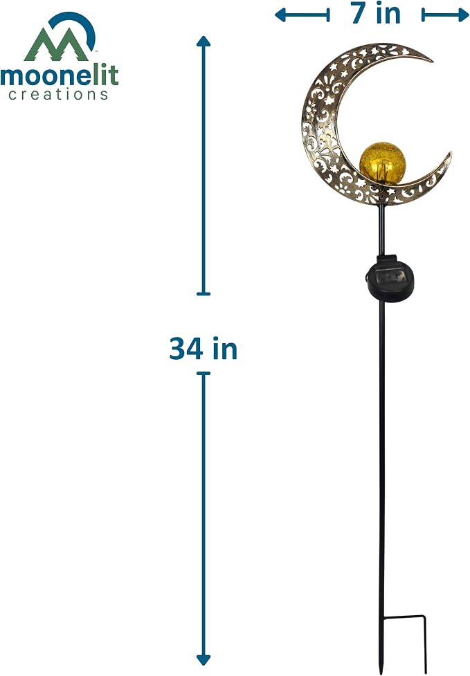 MCSSMOON Solar LED Crescent Moon Garden Light – Waterproof Metal Stake with Crackled Glass Globe
