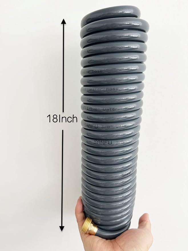 SANFU PU Recoil Garden Water Hose 3/8"ID(9.5 x 12.7mm) x 25ft Premium with 3/4"Inch Brass Fittings Retractable, Swivel Female, Outdoor Patio Hose Marine&Boat, Gray(25')