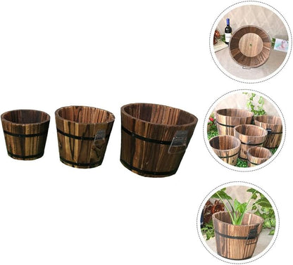3 Pcs Wooden Bucket Flower Pot Retro Barrel Planter for Succulents Garden Decor for Patio Lawn Balcony Courtyard Solid Color Rustic Wooden Flower Pots