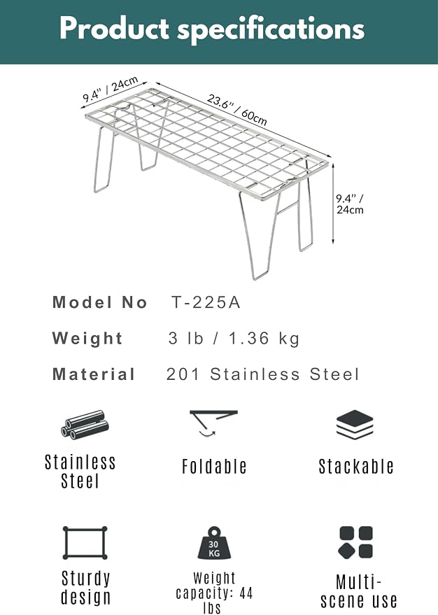 CAMPINGMOON Foldable Mesh Camping Rack Stackable Camp Storage Shelf Fire Pit Side Table Portable Outdoor Organizer Stainless Steel T-225A