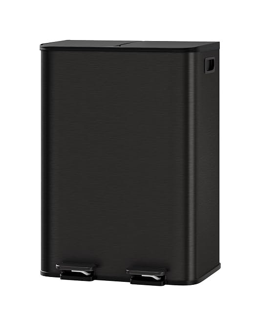 GarveeHome 2 x 8 gal Stainless Steel Double Trash Can with Lid for Kitchen, Large Dual Trash and Recycle Bin Combo, Step-on Kitchen Metal Garbage Cans, PP Inner Buckets, Liner Rim, Matte Black