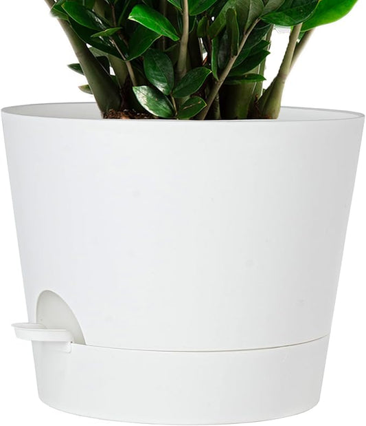 SwinDuck 12inch Large Self Watering Plant Pot, Plastic Cylinder Planter with 60Oz Deep Reservoir and Saucer for Indoor Outdoor Plants Flowers Houseplants, White