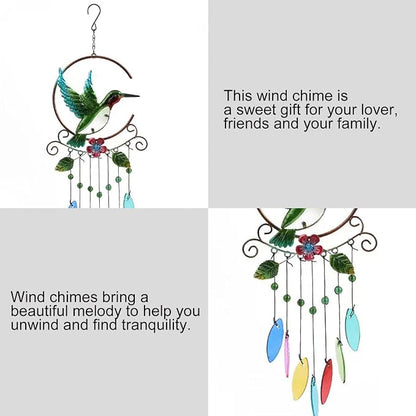 Wind Chimes Hummingbird, Garden Glass Colorful Wind Chimes for Home, Party, Festival Decor, Garden Decoration Indoor/Outdoor, Lifelike Hummingbird Bell Deep Tone Style