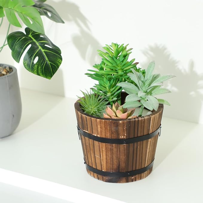 DOITOOL Rustic Wooden Barrel Planter: Wood Whiskey Barrel Bucket Flower Pots Indoor Outdoor Plants Boxes Container for Home Garden Patio Backyard - 7.08 x 5.9 x 5.1 inches (Medium)