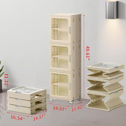 3-Tier Slim Bathroom Storage Cabinet for Small Space,Beige | Quick Assembly,Foldable,Plastic Organizers,Magnetic Doors,Adjustable Shelves,Narrow Storage Cabinet,Wheels