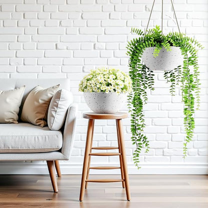 Asnext Line Pattern 10 Inch Hanging Planter for Indoor Outdoor Plants, 2 Pack Round Hanging Pots for Plants (Speckled White)