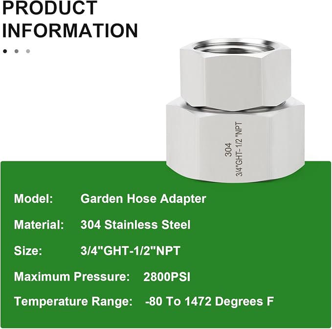 TAISHER 2PCS 304 Stainless Steel Garden Hose Adapter, 3/4" GHT Female x 1/2" NPT Female Swivel Garden Hose Connector with Washers