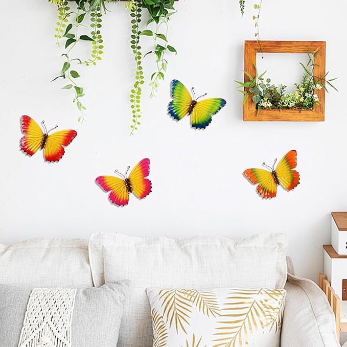 dreamskip 4 Pcs Metal Butterfly Wall Decor Art, Colorful Metal Butterflies Outdoor Wall Art, Hand-Crafted Outdoor Wall Decor For Yard, Garden, Fence, Patio, Living Room, Bedroom Decoration