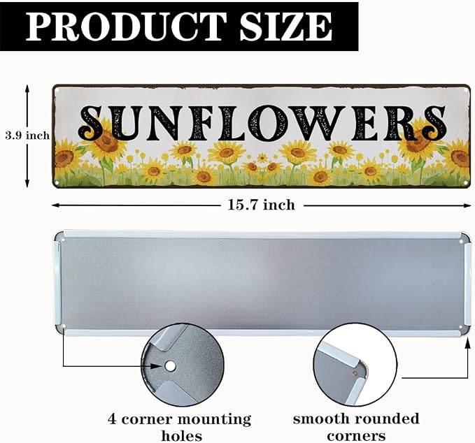 Garden Metal Tin Sign, Vintage Sunflower Decor, Rustic Farmhouse Floral Wall Art, for Gardens Yard Fence Door, Spring Summer Garden Decoration, 15.7 x 3.9 Inches