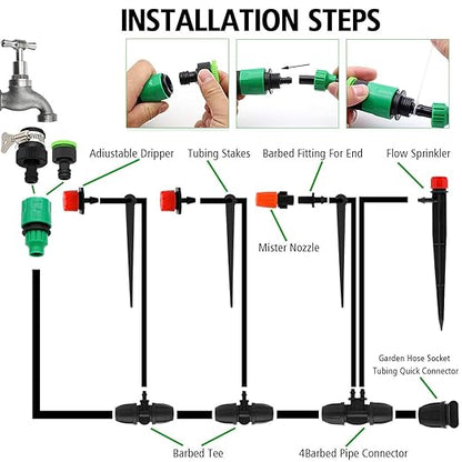 Drip Irrigation System, 100FT Drip Irrigation Kit for Garden - 50FT Main & 50FT Branch Tubing, Adjustable Nozzles for Drip or Mist Cooling, Irrigation System for Garden, Lawn, Patio, Raised Bed