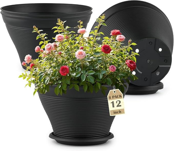 RooTrimmer 4 Pack 12 Inch Plant Pots with Saucers, Plastic Flower Pots with Drainage Holes, Large Planters for Indoor Outdoor Garden, House Plants, Flowers, Herbs, Gardening Gifts, Black
