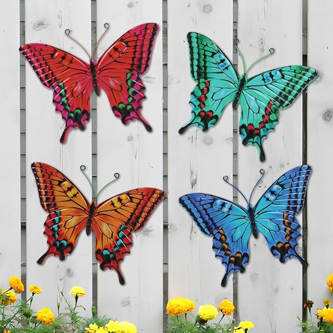 dreamskip 4 Pack Butterfly Wall Decor Art, Vivid Butterflies Outdoor Metal Wall Art with Colorful Pattern, Outdoor Garden Yard Fence Patio Decor Gift for Women Mom
