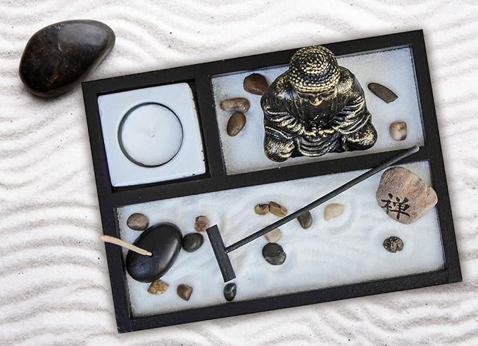 Basic Fundamentals Zen Garden Deluxe Desk Meditation Garden Buddha Statue with Tea Light Holder, Incense Holder, Incense, Rocks, Sand, and Rake (Candle Not Included)