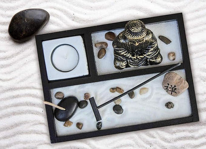 Basic Fundamentals Zen Garden Deluxe Desk Meditation Garden Buddha Statue with Tea Light Holder, Incense Holder, Incense, Rocks, Sand, and Rake (Candle Not Included)