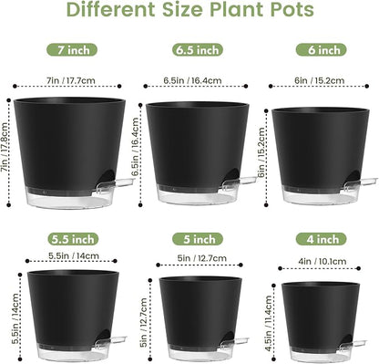 Meowell Self Watering Pots Pack of 6 – Different Size 4" to 7" Indoor Plant Pots with Drainage Holes and Clear Reservoir for Visible Water Level, Plastic Wicking Planters for House Plants, Black