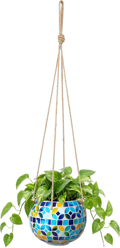 Ceramic Hanging Planter Mosaic Hanging Flower Pot Small Plant Pot for Indoor Plant Garden Decor Disco Ball Planter with Drainage Square Blue