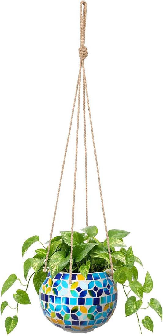 Ceramic Hanging Planter Mosaic Hanging Flower Pot Small Plant Pot for Indoor Plant Garden Decor Disco Ball Planter with Drainage Square Blue