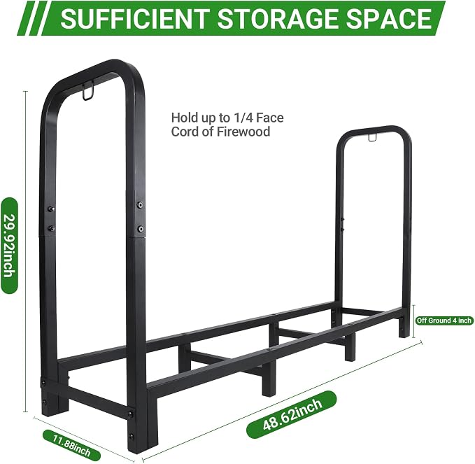 4FT Firewood Rack Outdoor, Holds 1543 LBS with 8 Sturdy Legs, Adjustable 2.6FT Elevated Log Holder Keeps Wood Dry, Black